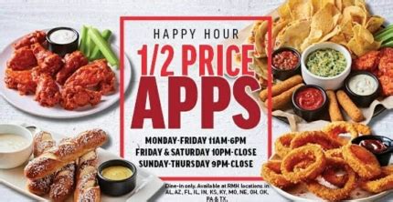 Applebee's half price appetizers - 2 days ago · Applebee’s has a late-night happy hour with specials like appetizers for half price. Many locations have select appetizers for half price after 9 pm on weekdays and after 10 pm on weekends. Some locations also have a late afternoon happy hour with food and drinks for a great price. 